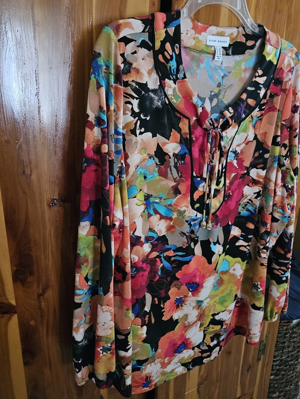 Susan Graver Black Multicolor Floral Tie-Neck Long Sleeve Top 2X - Picture 5 of 14